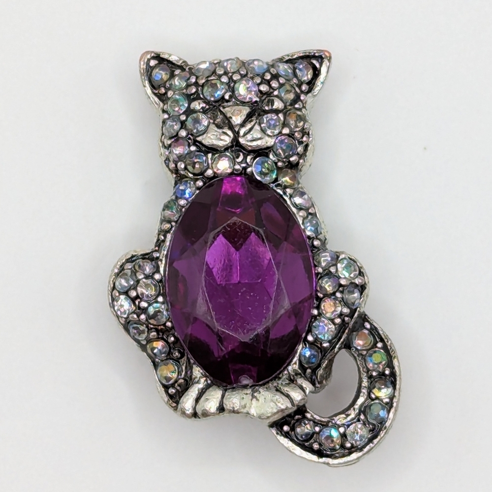 Gemstone Cat Brooch Pin Purple & Pewter